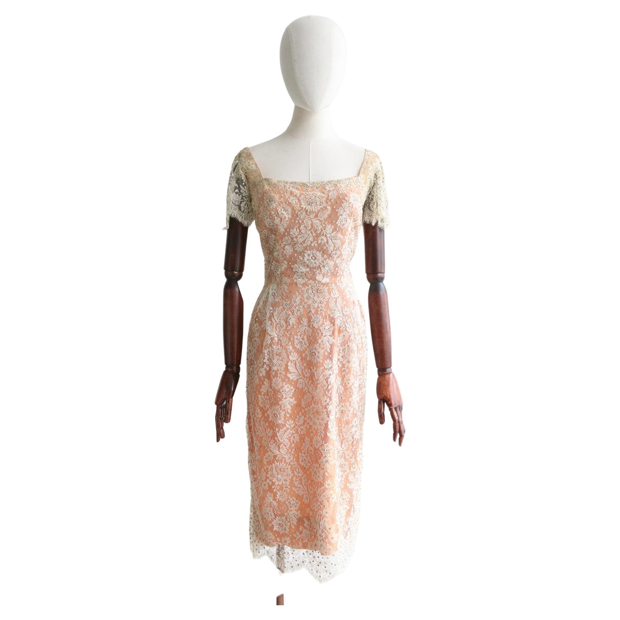 Vintage 1950's Howard Greer Lace and Rhinestone Embellished Dress UK 8 US 4