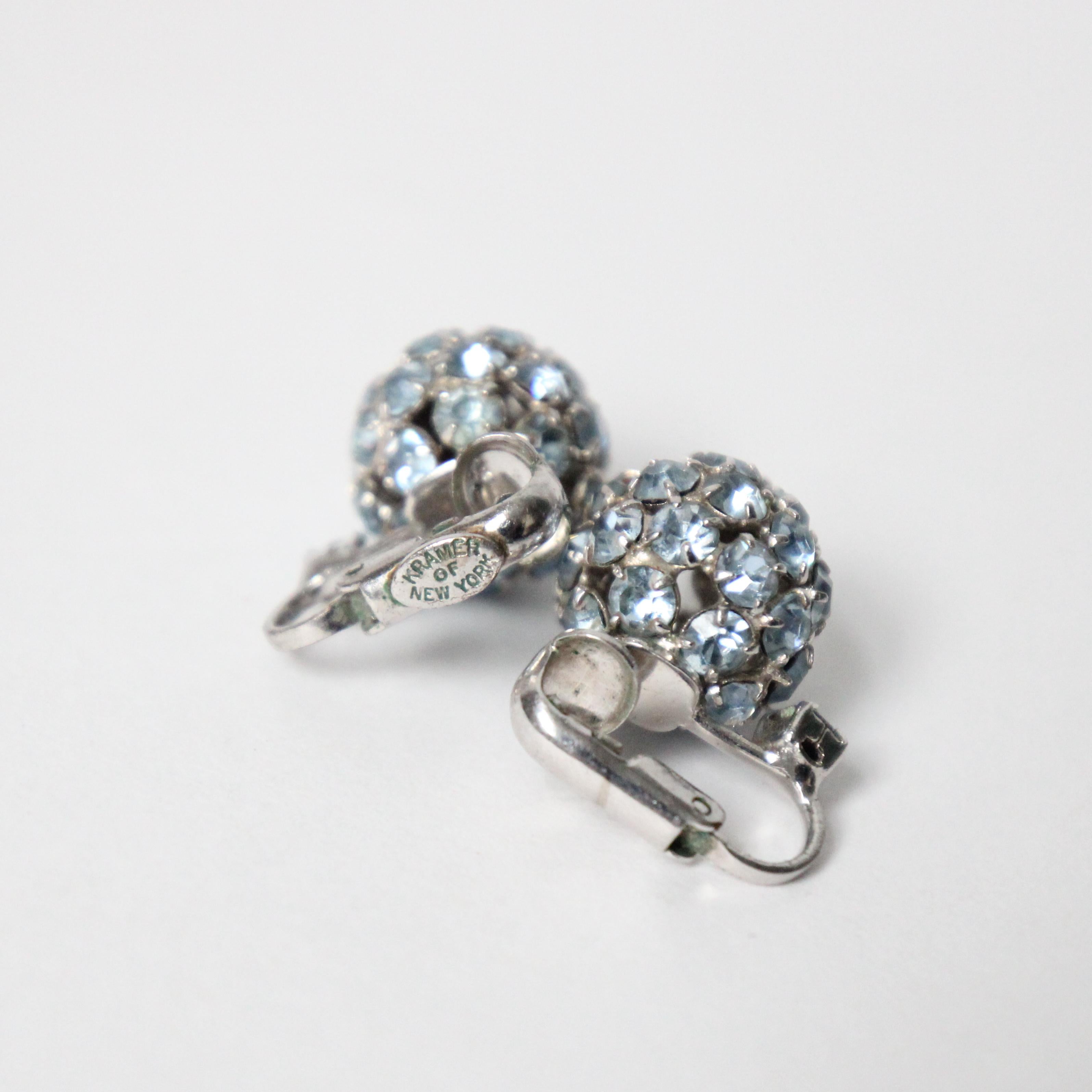 Vintage 1950's Ice Blue Rhinestone Kramer of New York Clip on Earrings For Sale 2