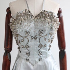 Vintage 1950's ice blue satin halter neck beaded embellished cocktail  UK 10