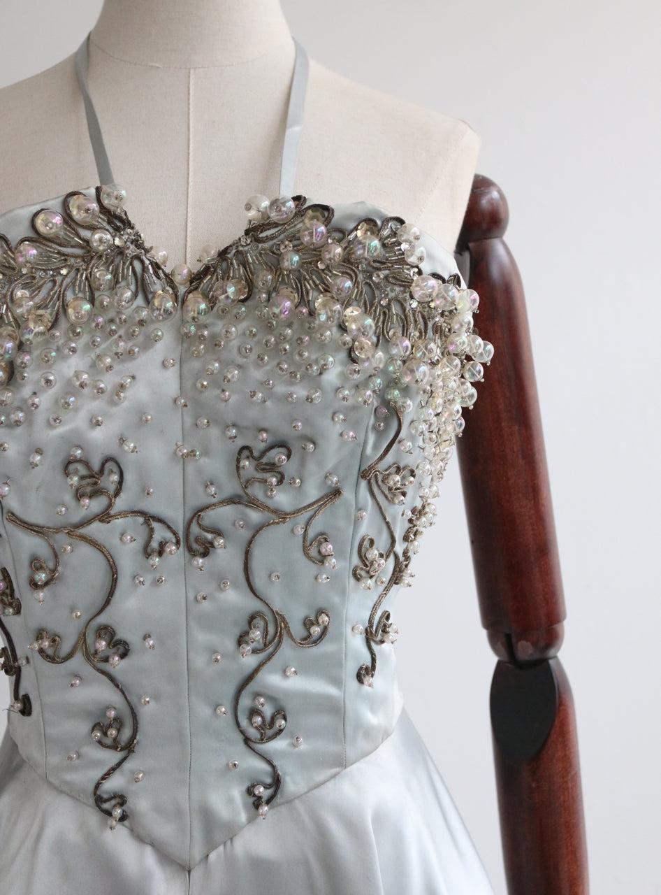 Gray Vintage 1950's ice blue satin halter neck beaded embellished cocktail  UK 10