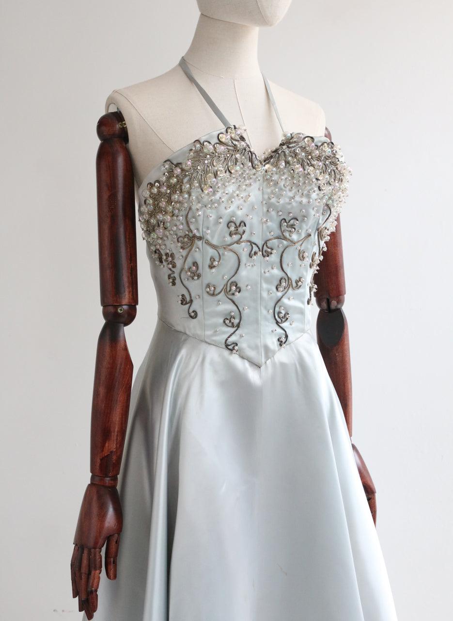 Vintage 1950's ice blue satin halter neck beaded embellished cocktail  UK 10 In Good Condition In Cheltenham, GB