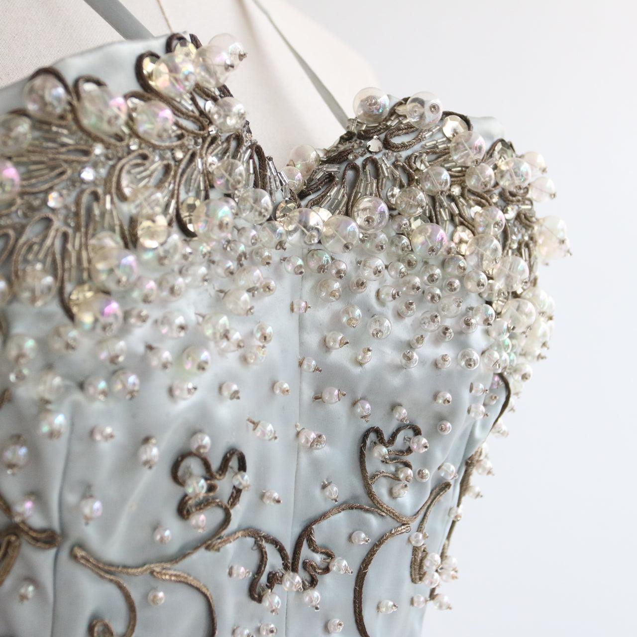 Women's Vintage 1950's ice blue satin halter neck beaded embellished cocktail  UK 10