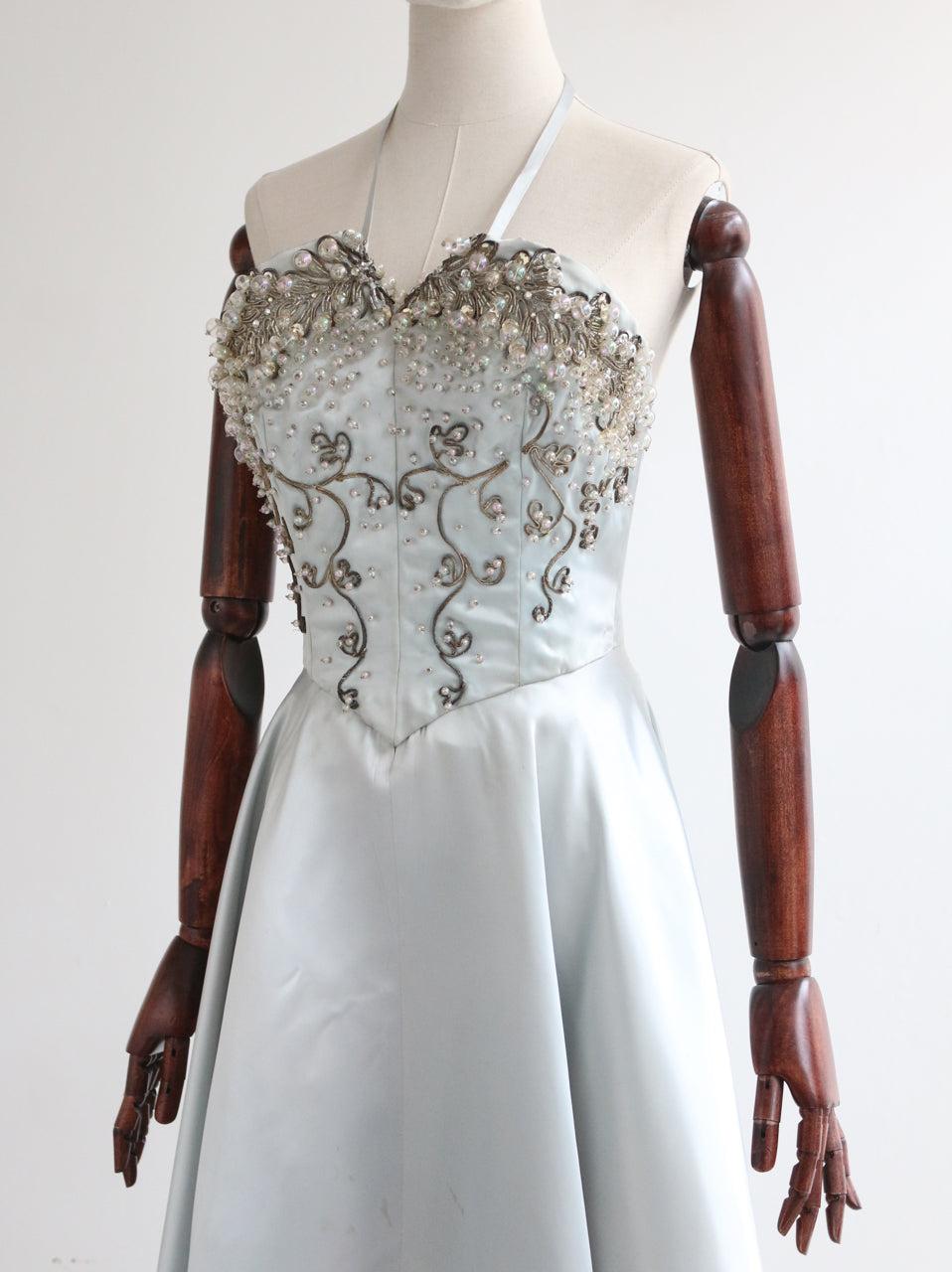 Vintage 1950's ice blue satin halter neck beaded embellished cocktail  UK 10 1