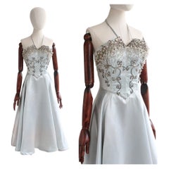 Vintage 1950's ice blue satin halter neck beaded embellished cocktail  UK 10
