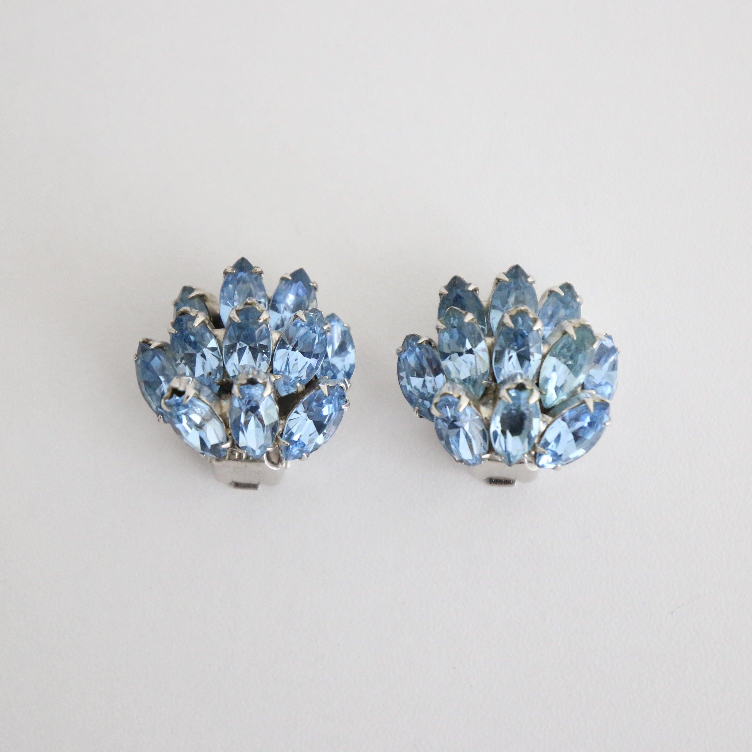 Art Deco Vintage 1950's Ice Blue Weiss Clip on earrings Blue rhinestones Weiss Earrings For Sale