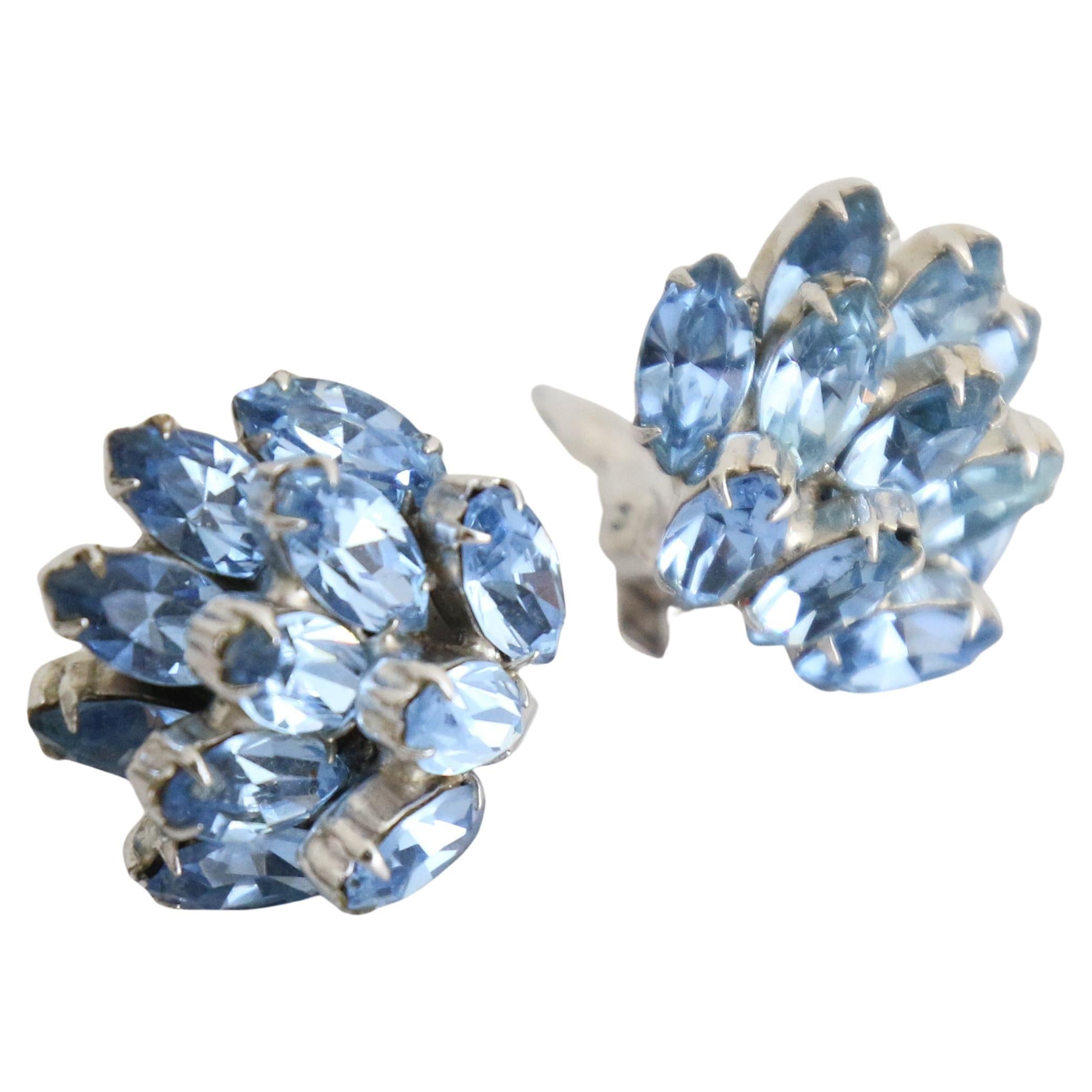 Vintage 1950's Ice Blue Weiss Clip on earrings Blue rhinestones Weiss Earrings For Sale