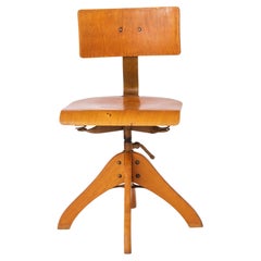 Vintage 1950s Industrial Chair – Adjustable German Factory Stool, Beech Wood