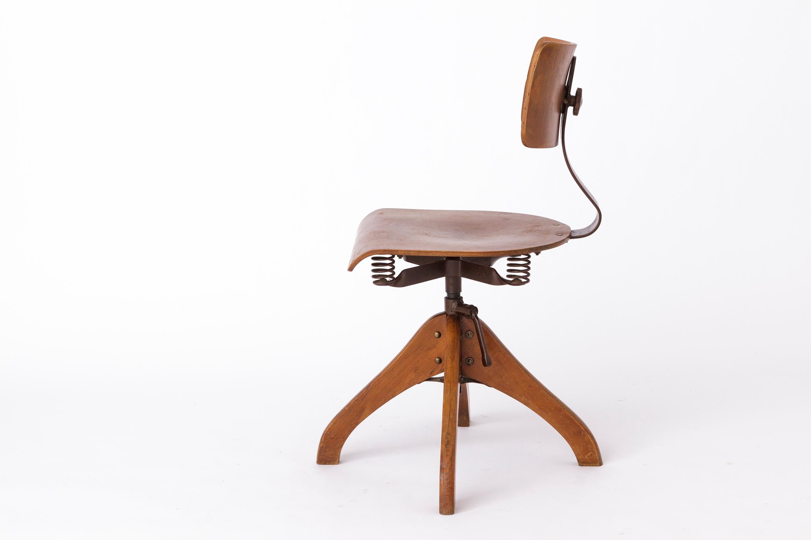 Beech Vintage 1950s Industrial Chair – Adjustable German Factory Stool For Sale