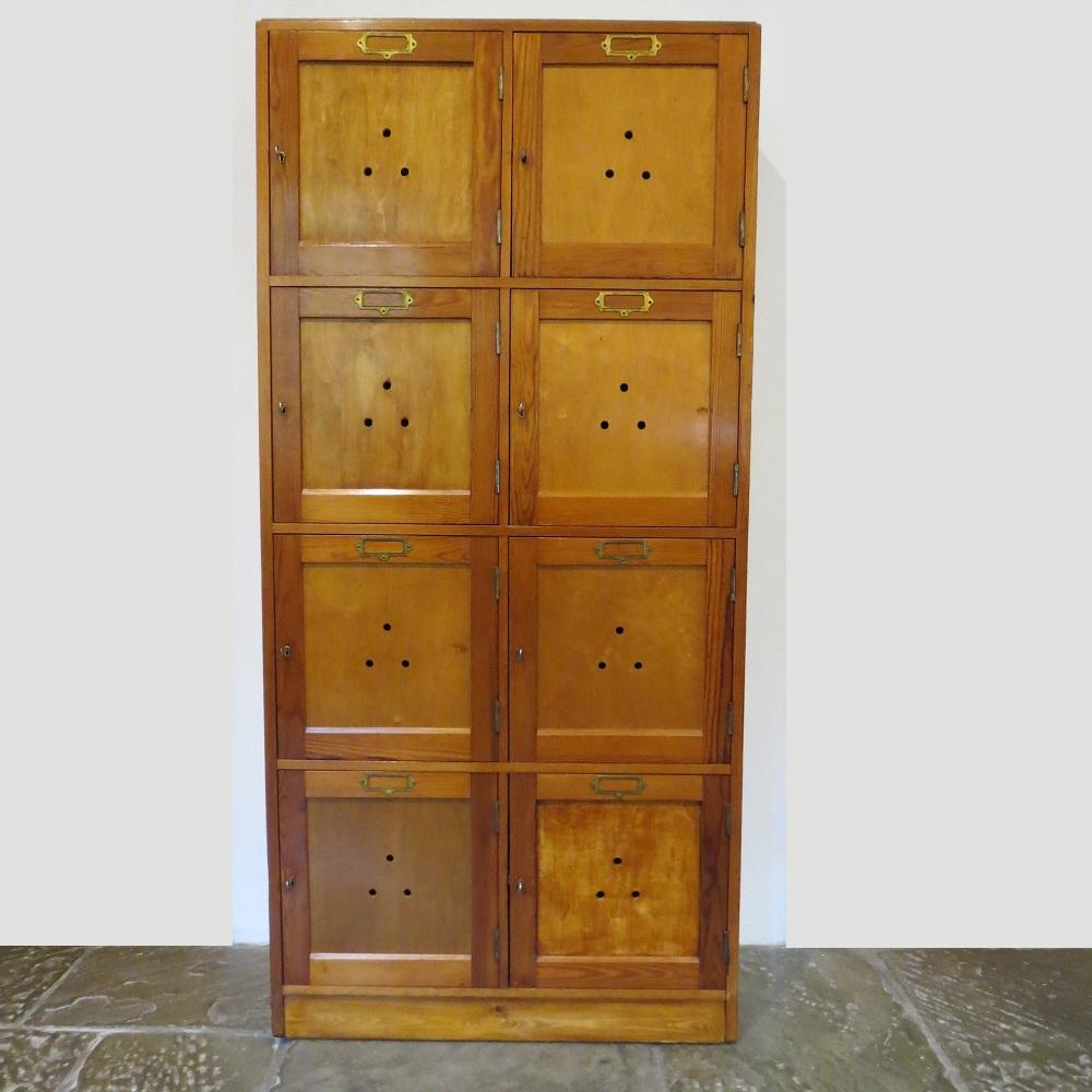 Wonderful quality vintage school locker / gym locker cabinet. 
Made from a solid pine frame and plywood door fronts. 
Each door retains the original lock and an independent key to each lock. 
The piece also retains the original brass name
