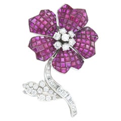 Vintage 1950s Invisible Set Ruby Flower Brooch with Diamonds