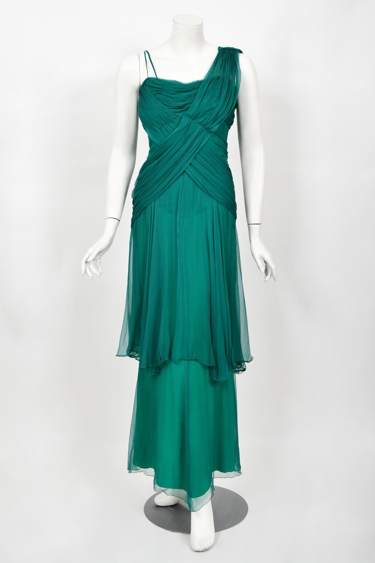 Vintage 1950's Irene Lentz Couture Teal Green Draped Silk Grecian Goddess Gown For Sale 6