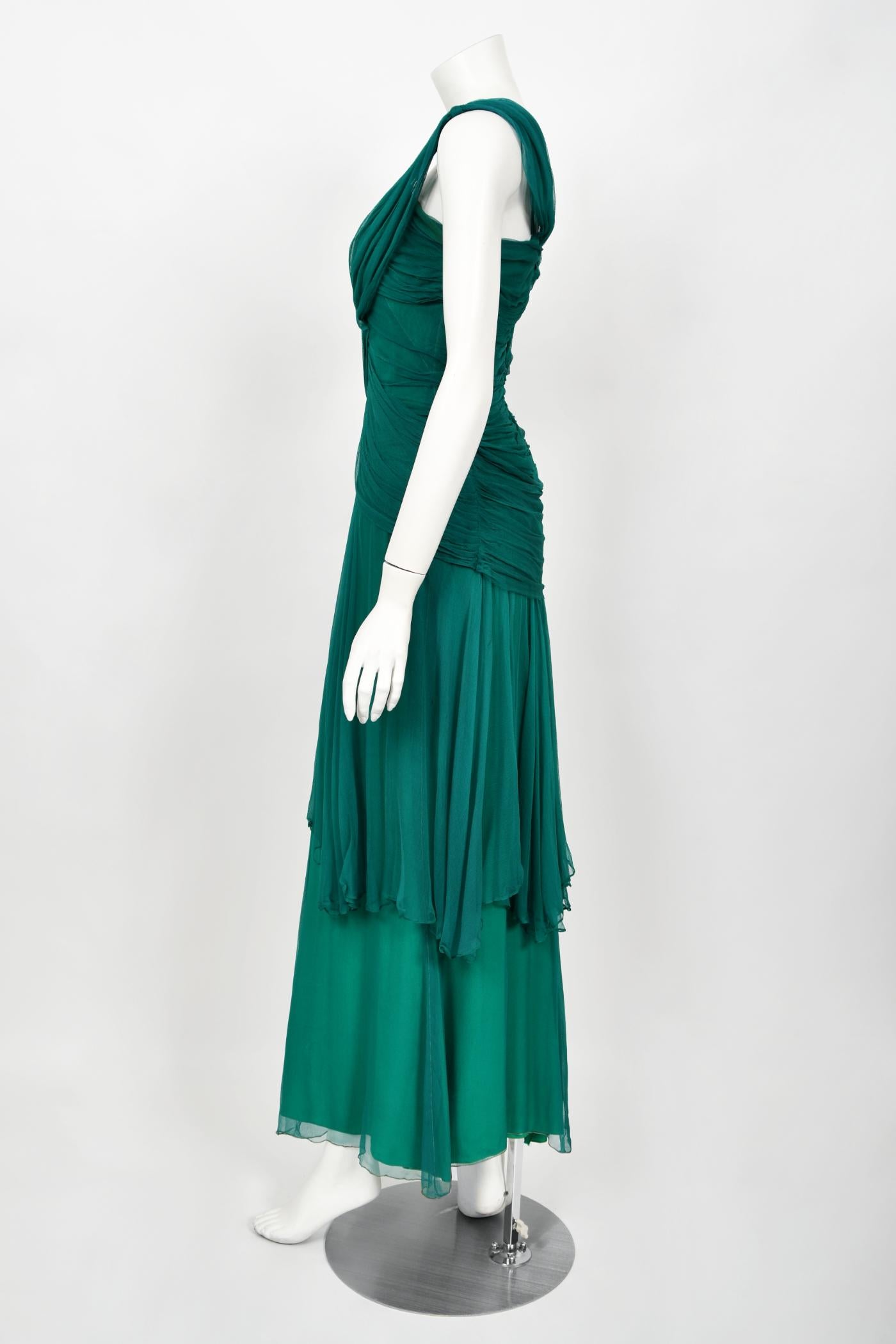 Vintage 1950's Irene Lentz Couture Teal Green Draped Silk Grecian Goddess Gown For Sale 7