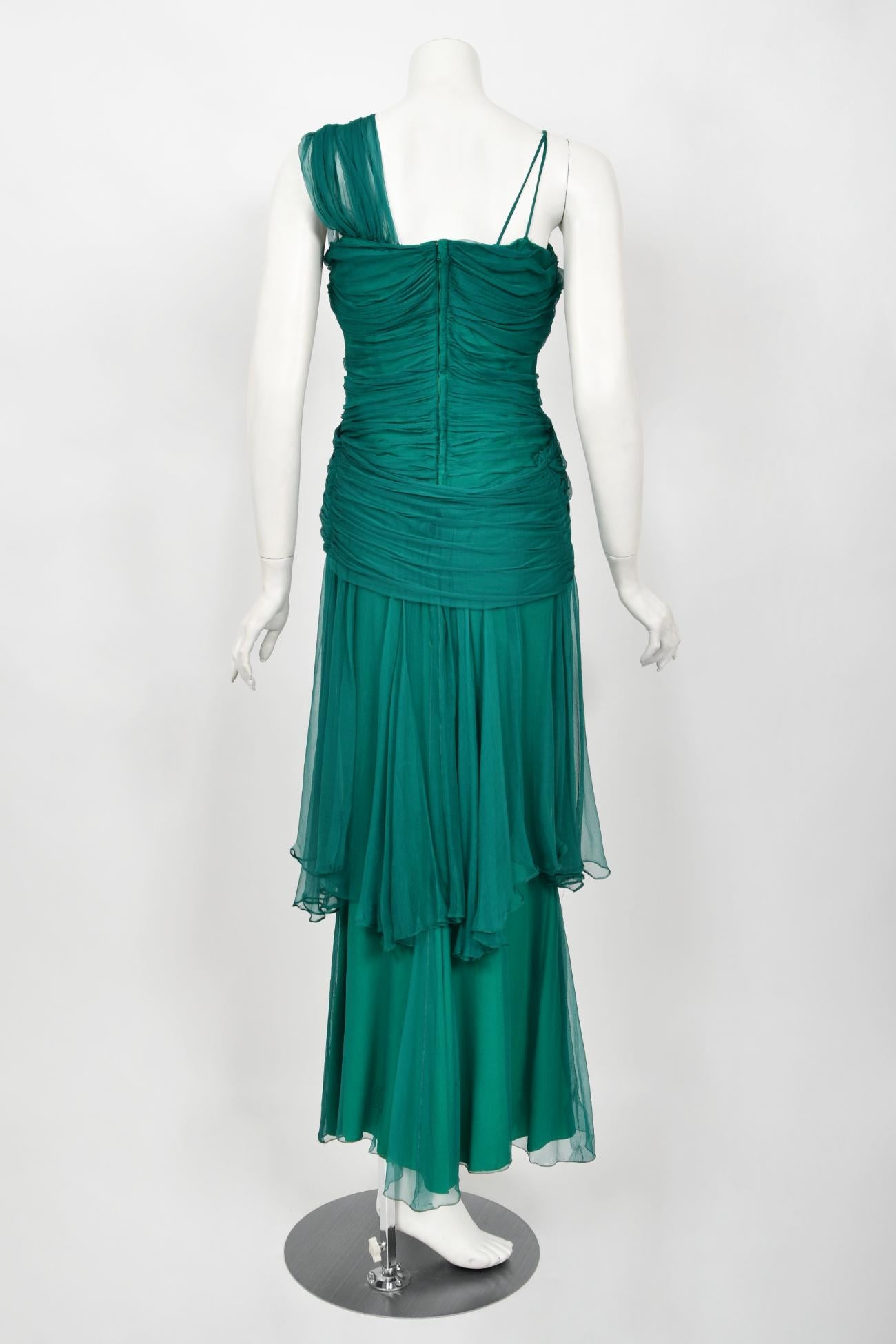 Vintage 1950's Irene Lentz Couture Teal Green Draped Silk Grecian Goddess Gown For Sale 9