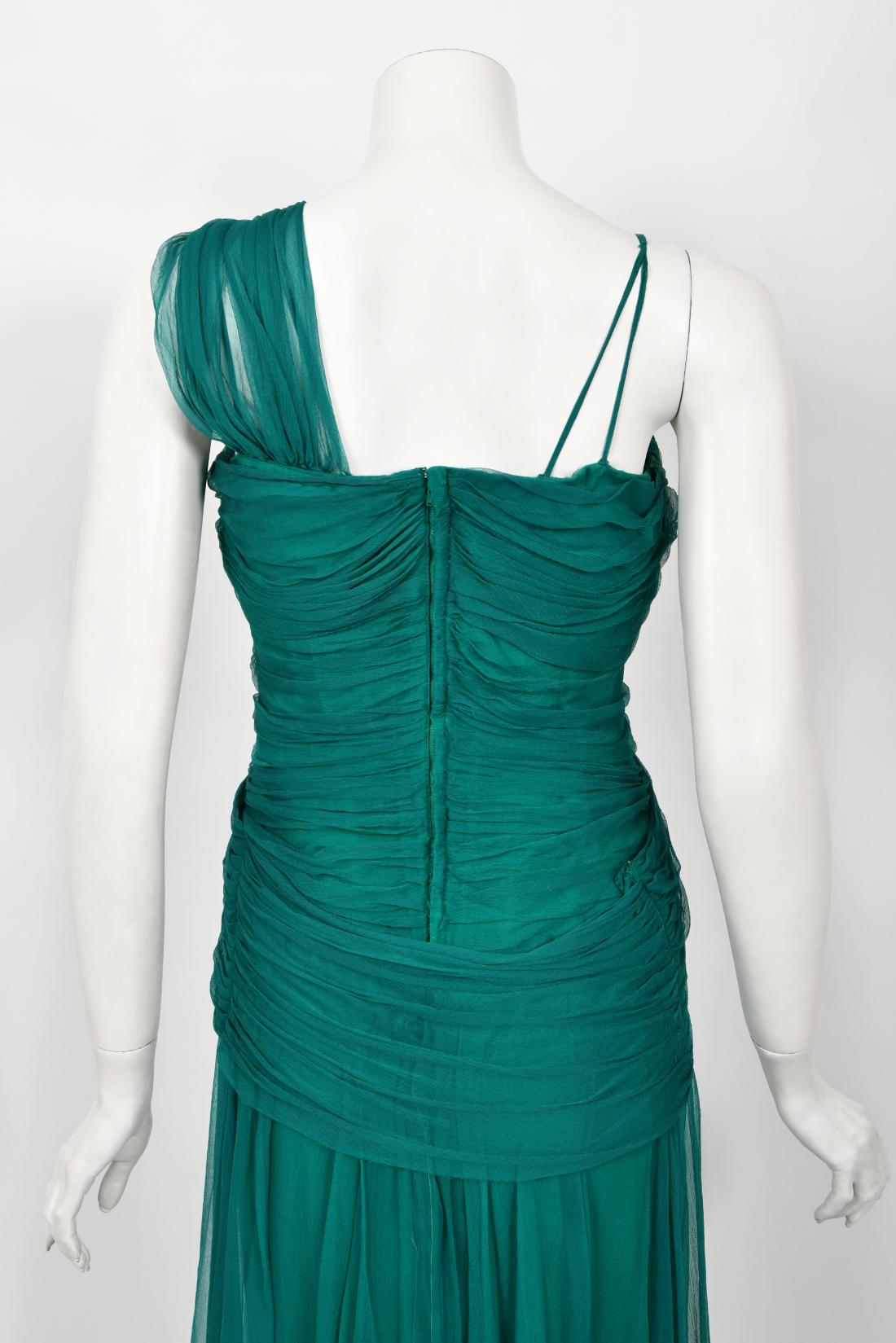 Vintage 1950's Irene Lentz Couture Teal Green Draped Silk Grecian Goddess Gown For Sale 10