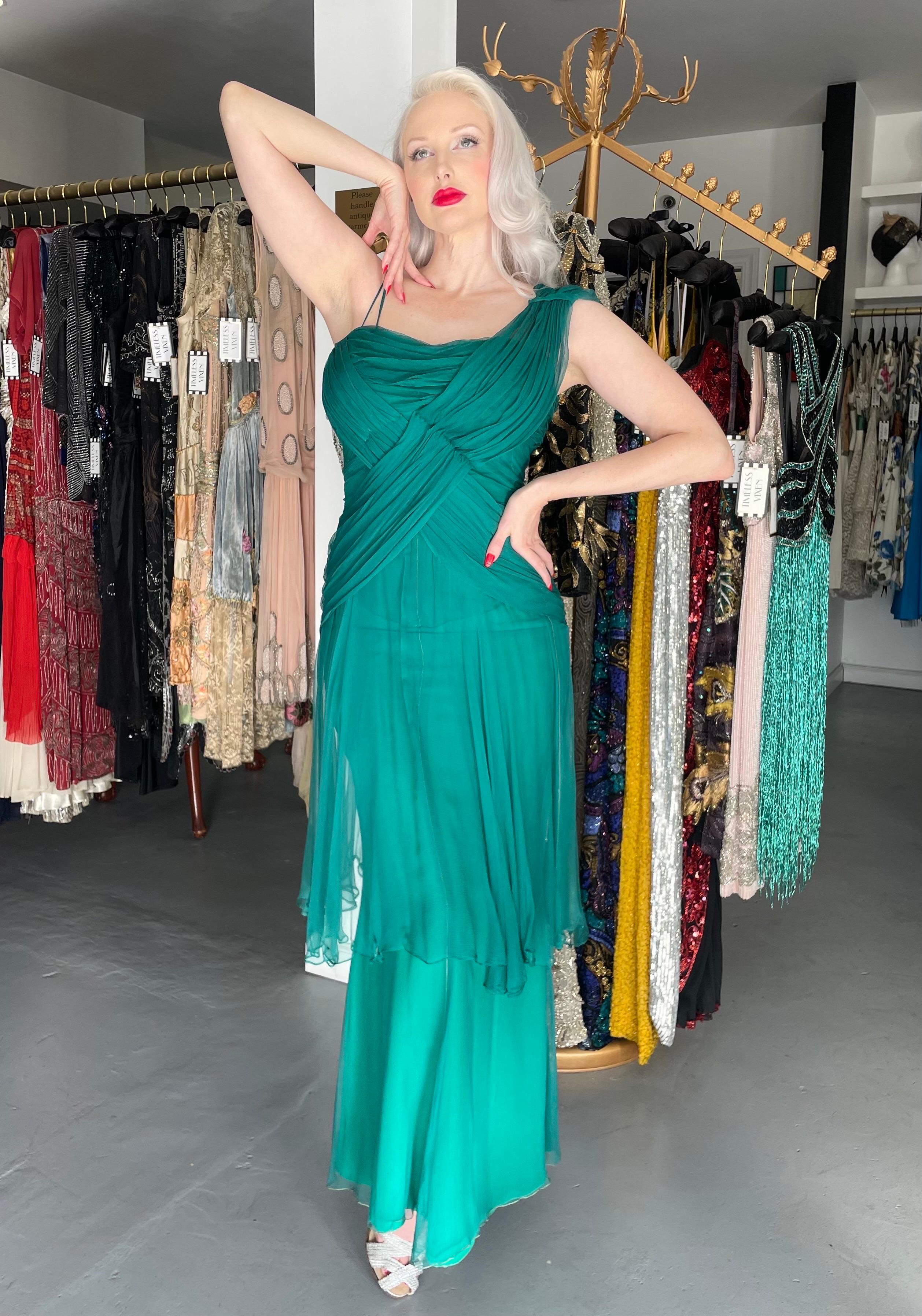 Vintage 1950's Irene Lentz Couture Teal Green Draped Silk Grecian Goddess Gown For Sale 12