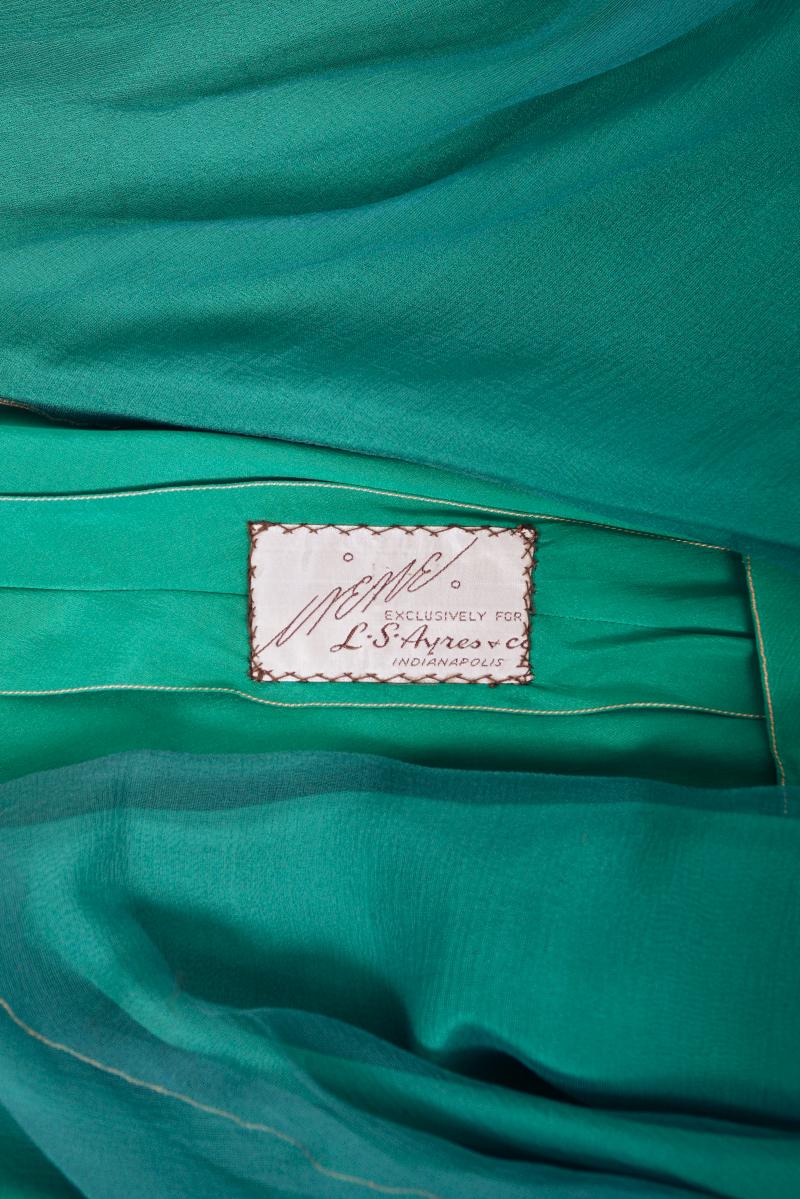 Vintage 1950's Irene Lentz Couture Teal Green Draped Silk Grecian Goddess Gown For Sale 13