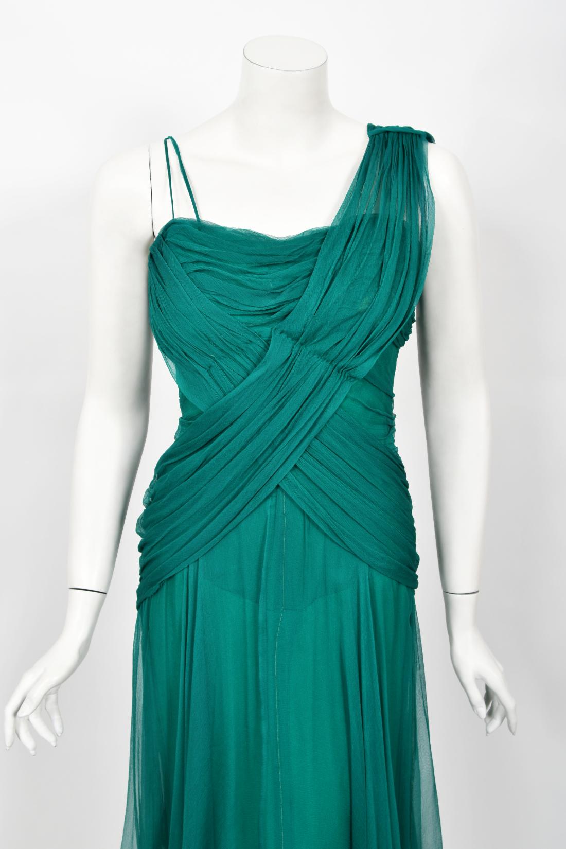 Women's Vintage 1950's Irene Lentz Couture Teal Green Draped Silk Grecian Goddess Gown For Sale