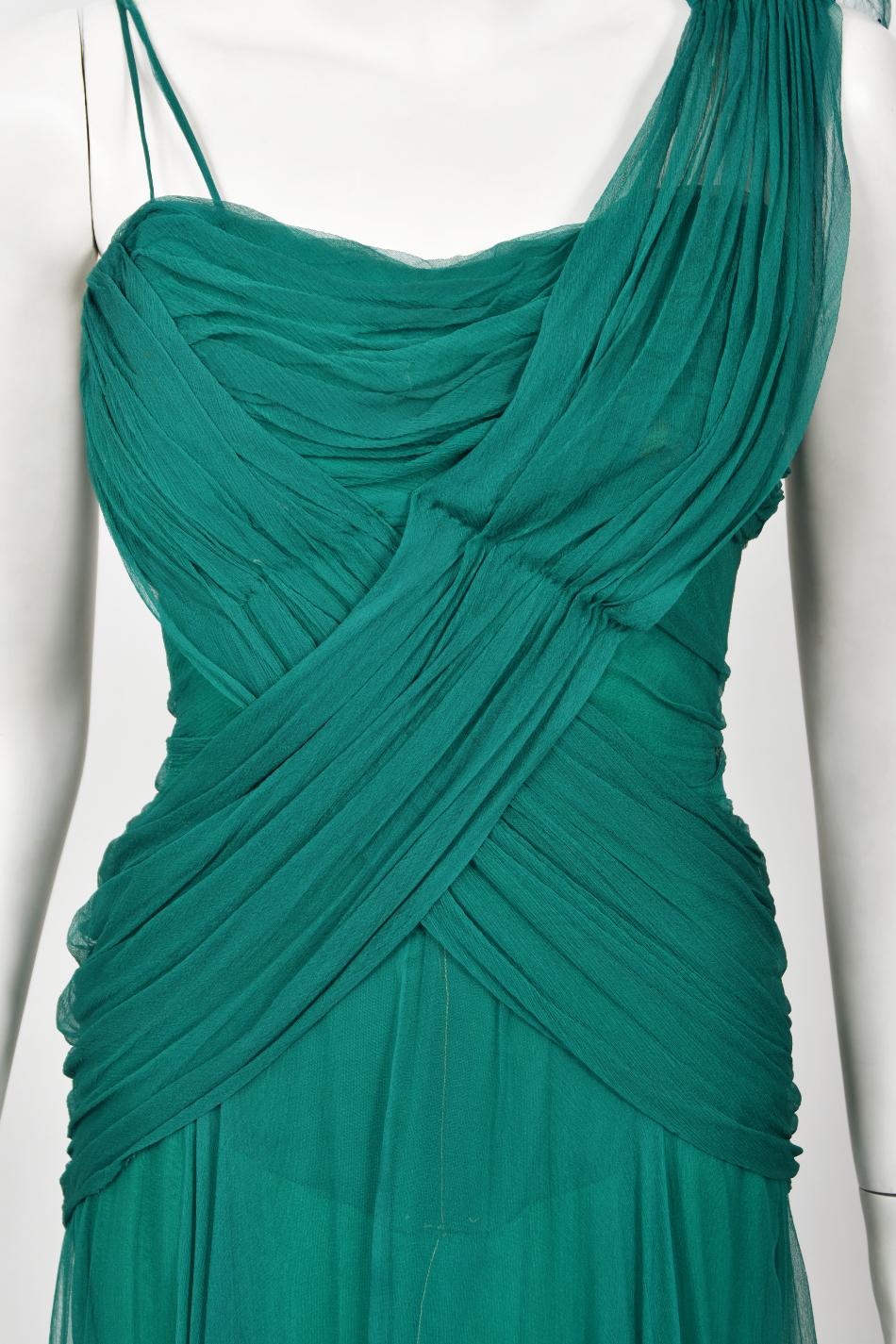 Vintage 1950's Irene Lentz Couture Teal Green Draped Silk Grecian Goddess Gown For Sale 1
