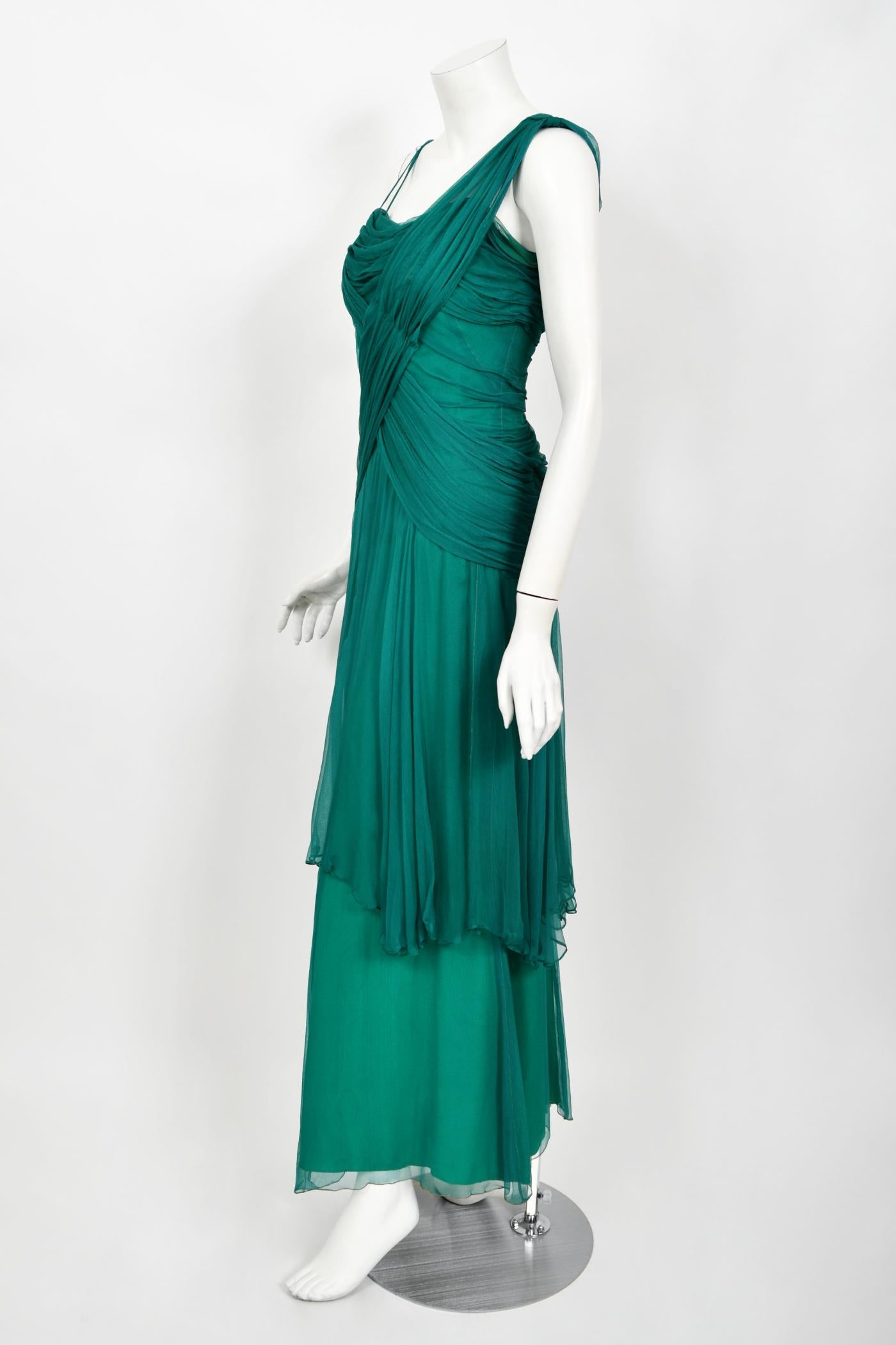 Vintage 1950's Irene Lentz Couture Teal Green Draped Silk Grecian Goddess Gown For Sale 2