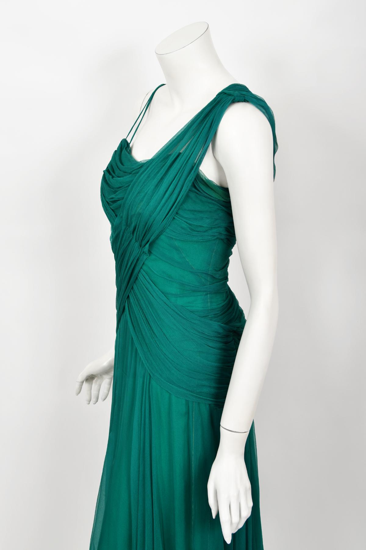 Vintage 1950's Irene Lentz Couture Teal Green Draped Silk Grecian Goddess Gown For Sale 3