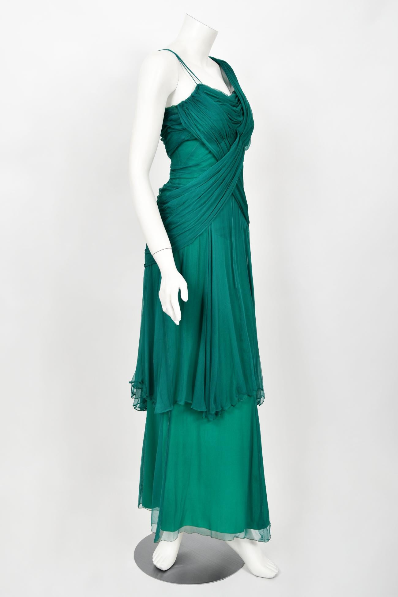 Vintage 1950's Irene Lentz Couture Teal Green Draped Silk Grecian Goddess Gown For Sale 4