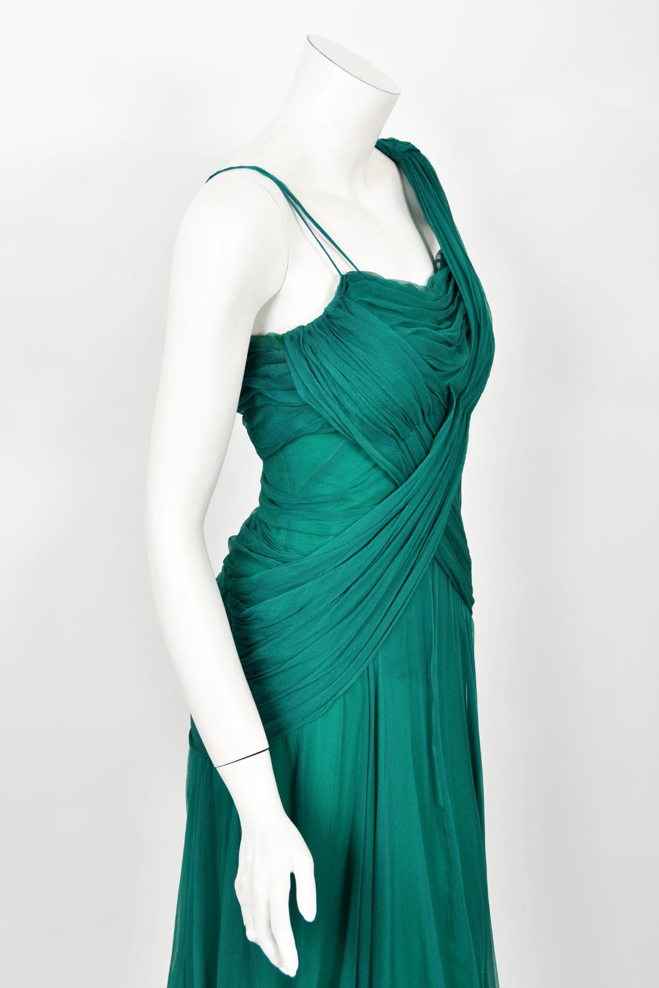 Vintage 1950's Irene Lentz Couture Teal Green Draped Silk Grecian Goddess Gown For Sale 5