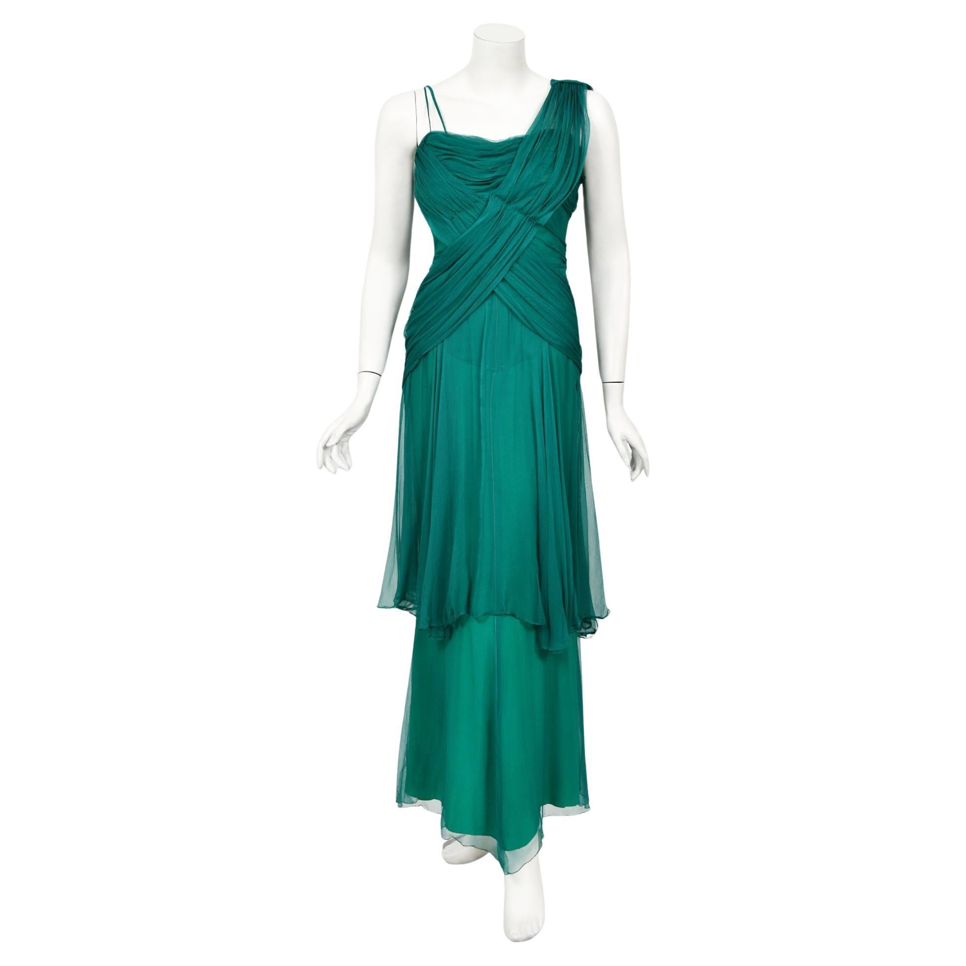 Vintage 1950's Irene Lentz Couture Teal Green Draped Silk Grecian Goddess Gown For Sale