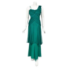 Vintage 1950's Irene Lentz Couture Teal Green Draped Silk Grecian Goddess Gown