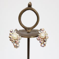 Vintage 1950's Iridescent rhinestone and pearl clip on earrings fifties earrings