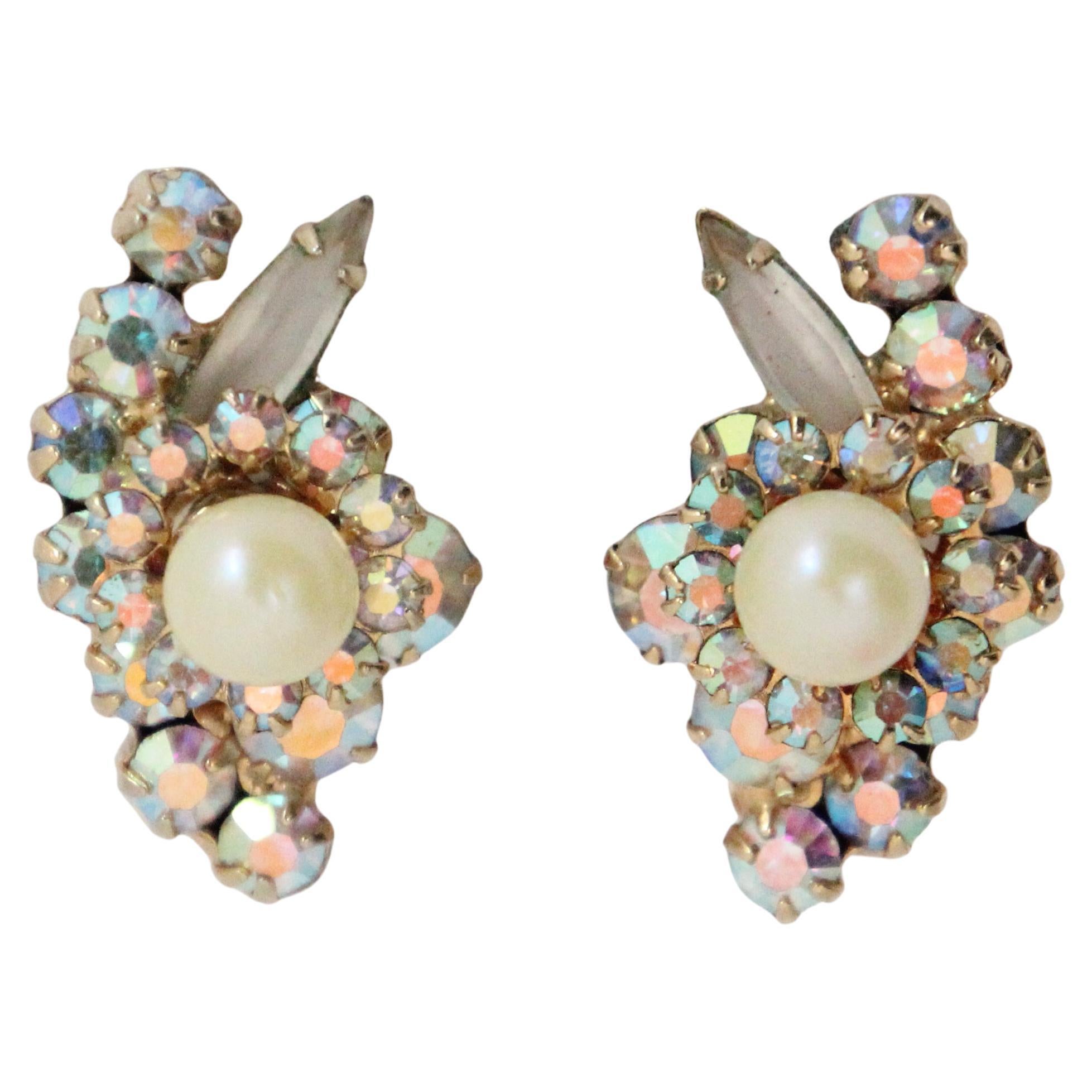 Vintage 1950's Iridescent rhinestone and pearl clip on earrings fifties earrings