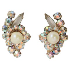 Vintage 1950's Iridescent rhinestone and pearl clip on earrings fifties earrings