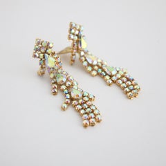 Vintage 1950's iridescent rhinestone clip on chandelier cascading earrings