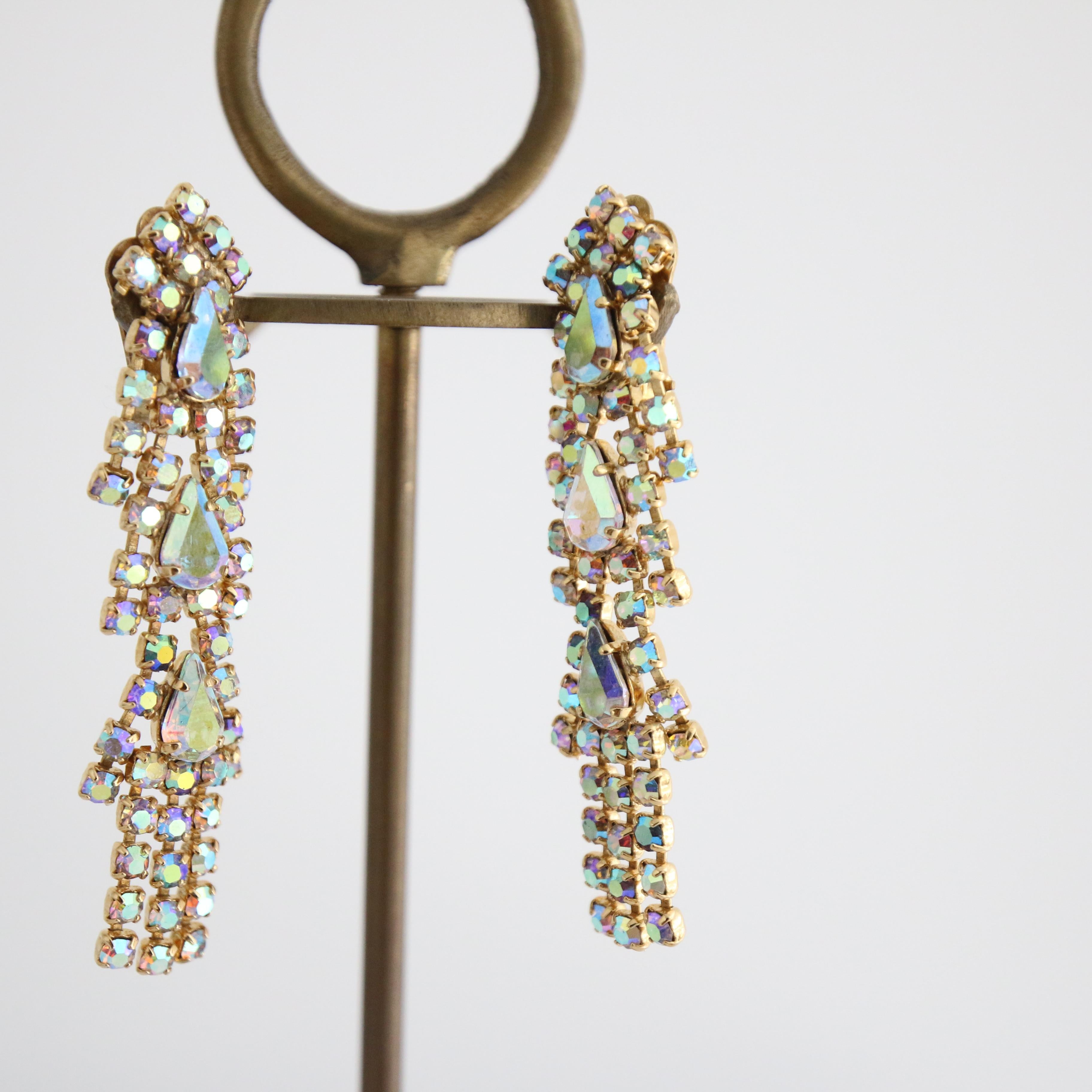 da uomo o donna Orecchini a cascata con strass iridescenti a clip degli anni '50 in vendita
