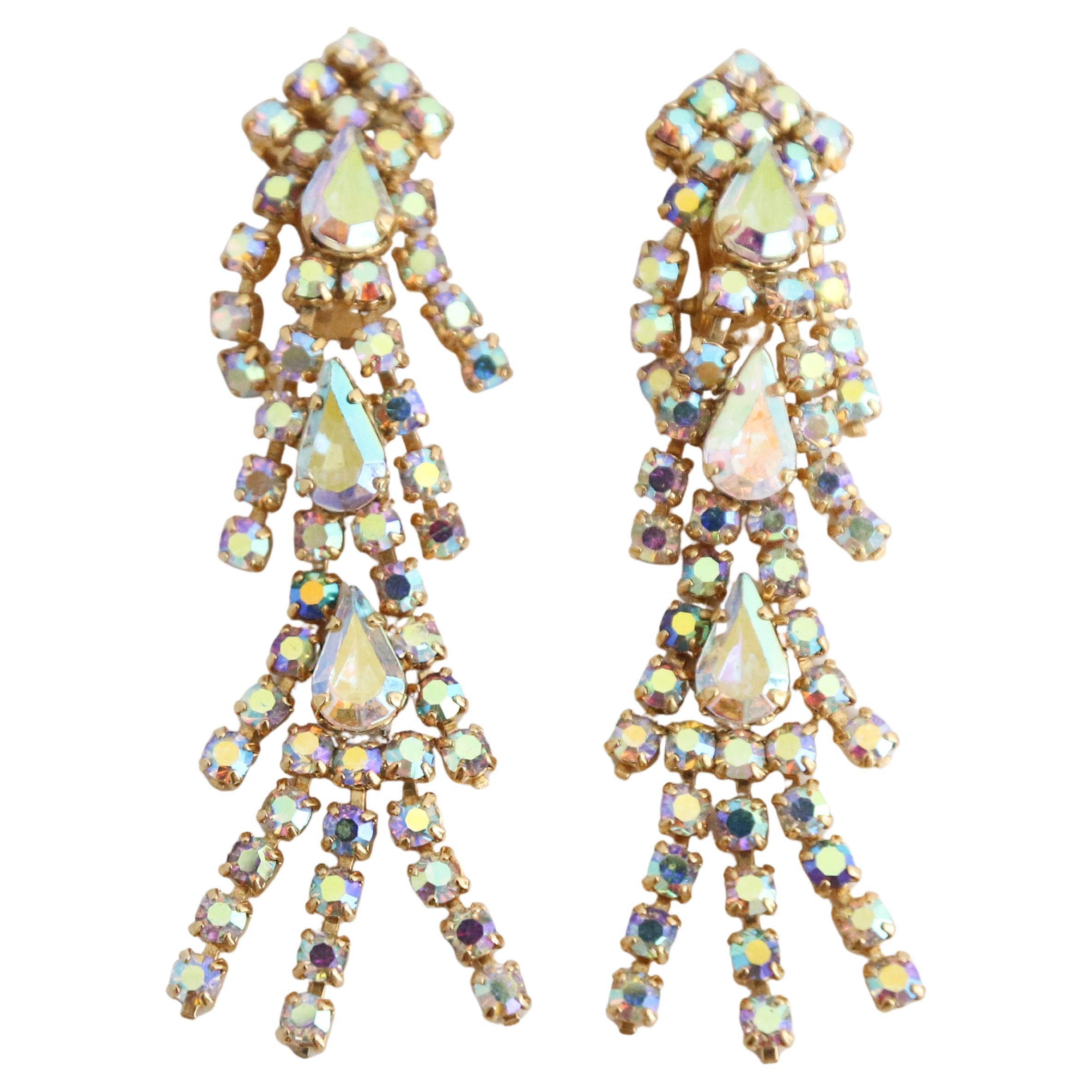 Vintage 1950's irisierend Strass Clip auf Kronleuchter Cascade Ohrringe