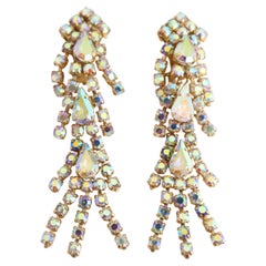 Vintage 1950's iridescent rhinestone clip on chandelier cascading earrings