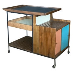 Chariot de bar vintage en fer et rotin des années 1950 par Arthur Umanoff