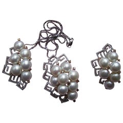 Vintage 1950s Italian 18 Karat Gold Diamonds Pearls Necklace and Earrings Set