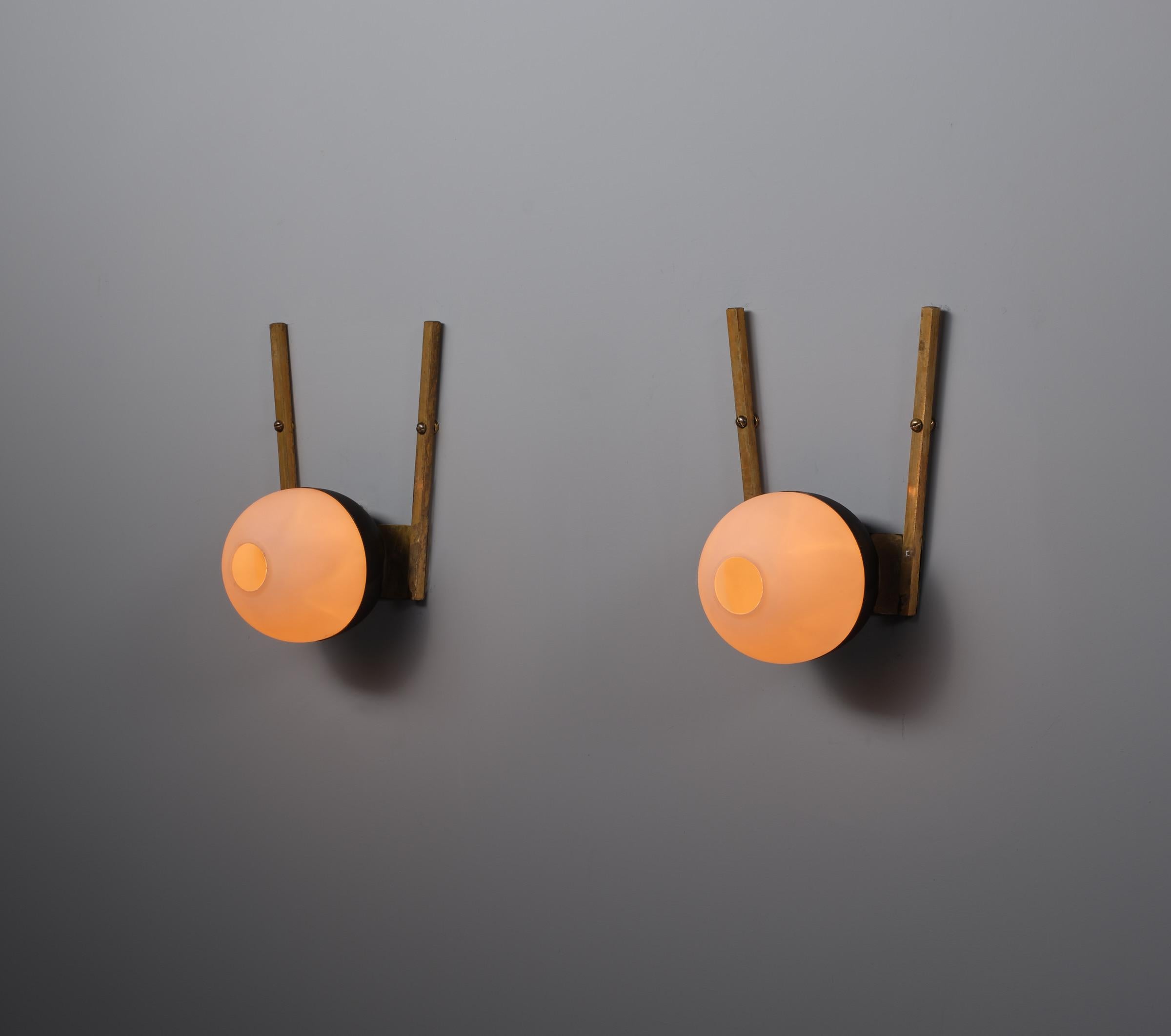 Metal Vintage 1950s Italian Brass and Opal Glass Wall Sconces For Sale