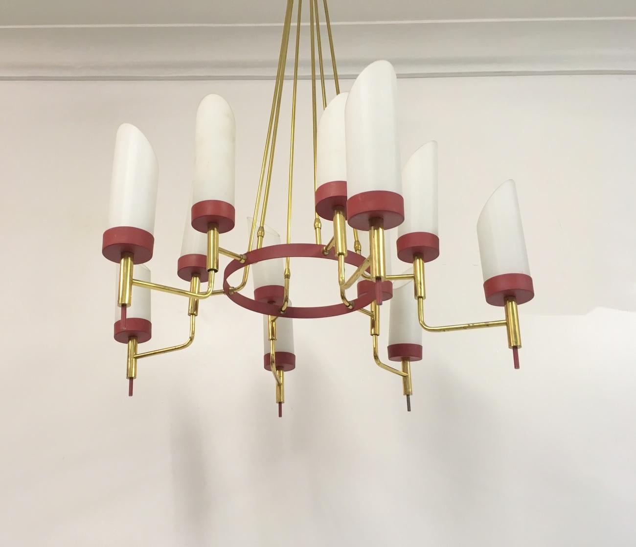 Vintage 1950s Italian Brass and White Glass Chandelier 2