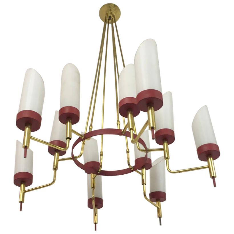 Vintage 1950s Italian Brass and White Glass Chandelier