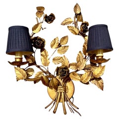 Vintage 1950s Italian Florentine Gilt Tole Floral Bouquet Lighted Wall S