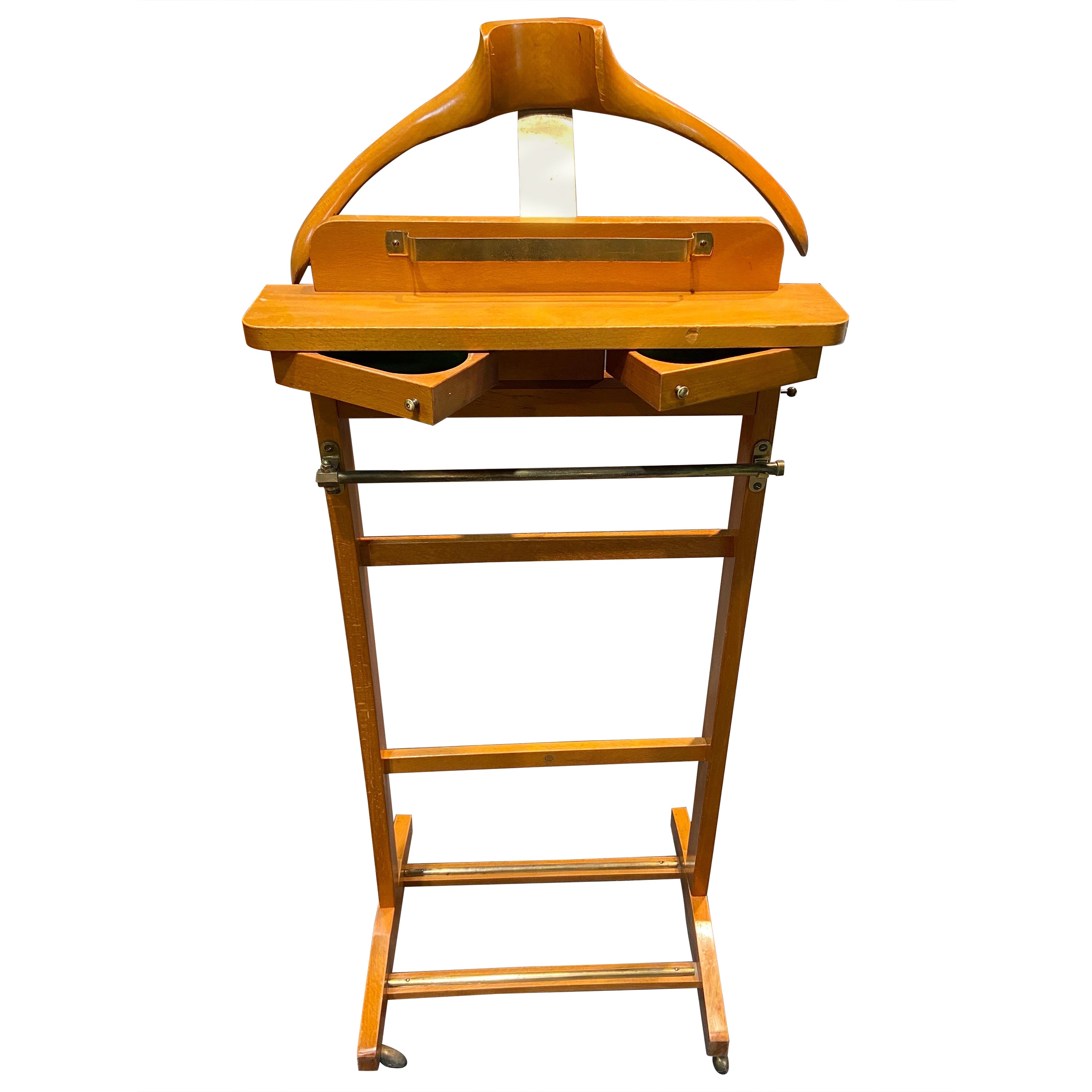 Vintage 1950s Italian Rolling Men’s Valet Stand in Wood and Brass