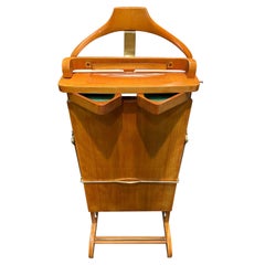 Vintage 1950s Italian Rolling Men’s Valet Stand in Wood and Brass Trouser Press