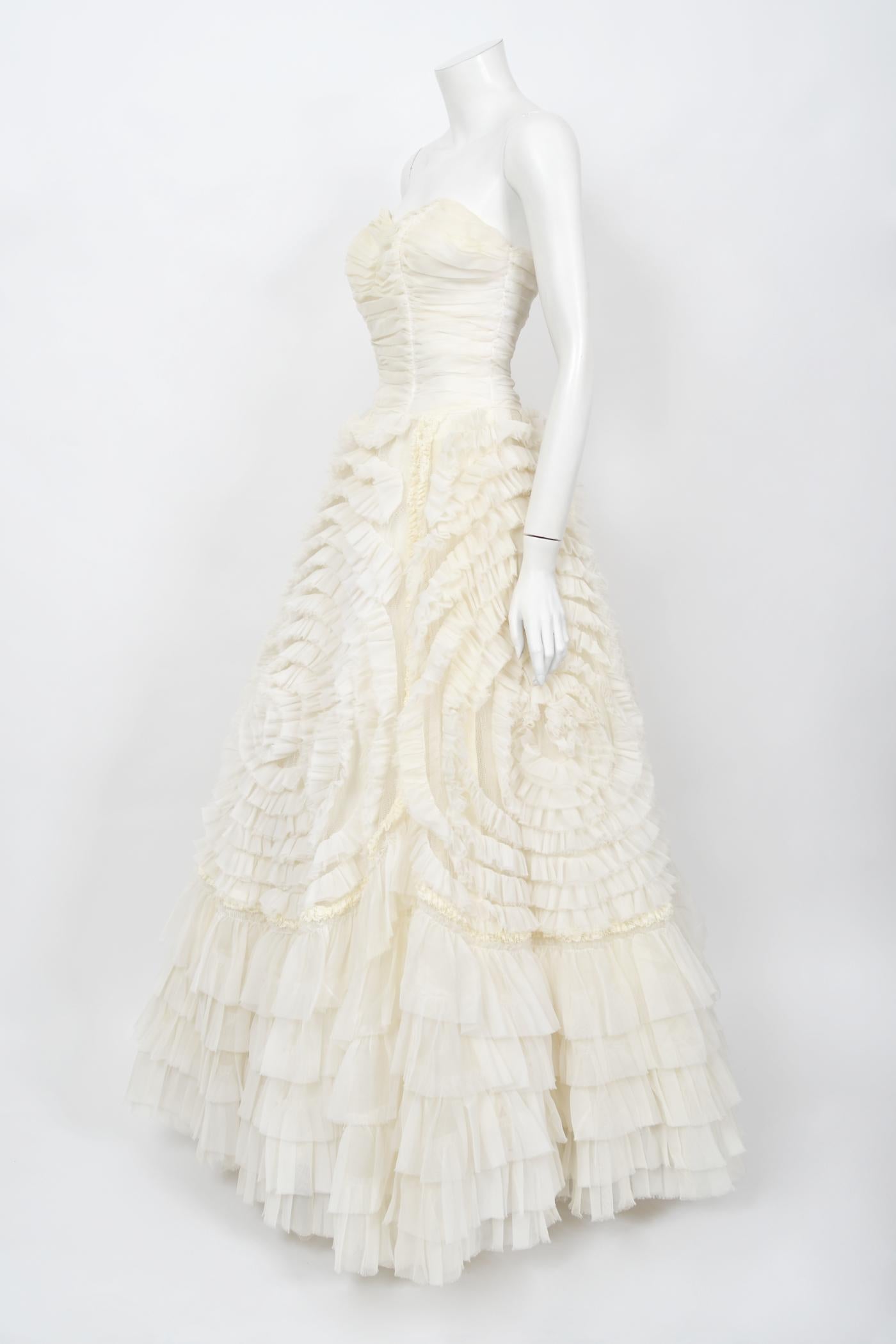 Beige Vintage 1950's Ivory Chiffon Strapless Tiered Ruffle Full-Length Bridal Gown 