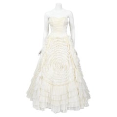 Vintage 1950's Ivory Chiffon Strapless Tiered Ruffle Full-Length Bridal Gown