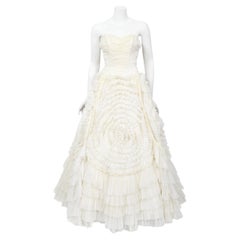 Retro 1950's Ivory Chiffon Strapless Tiered Ruffle Full-Length Bridal Gown 