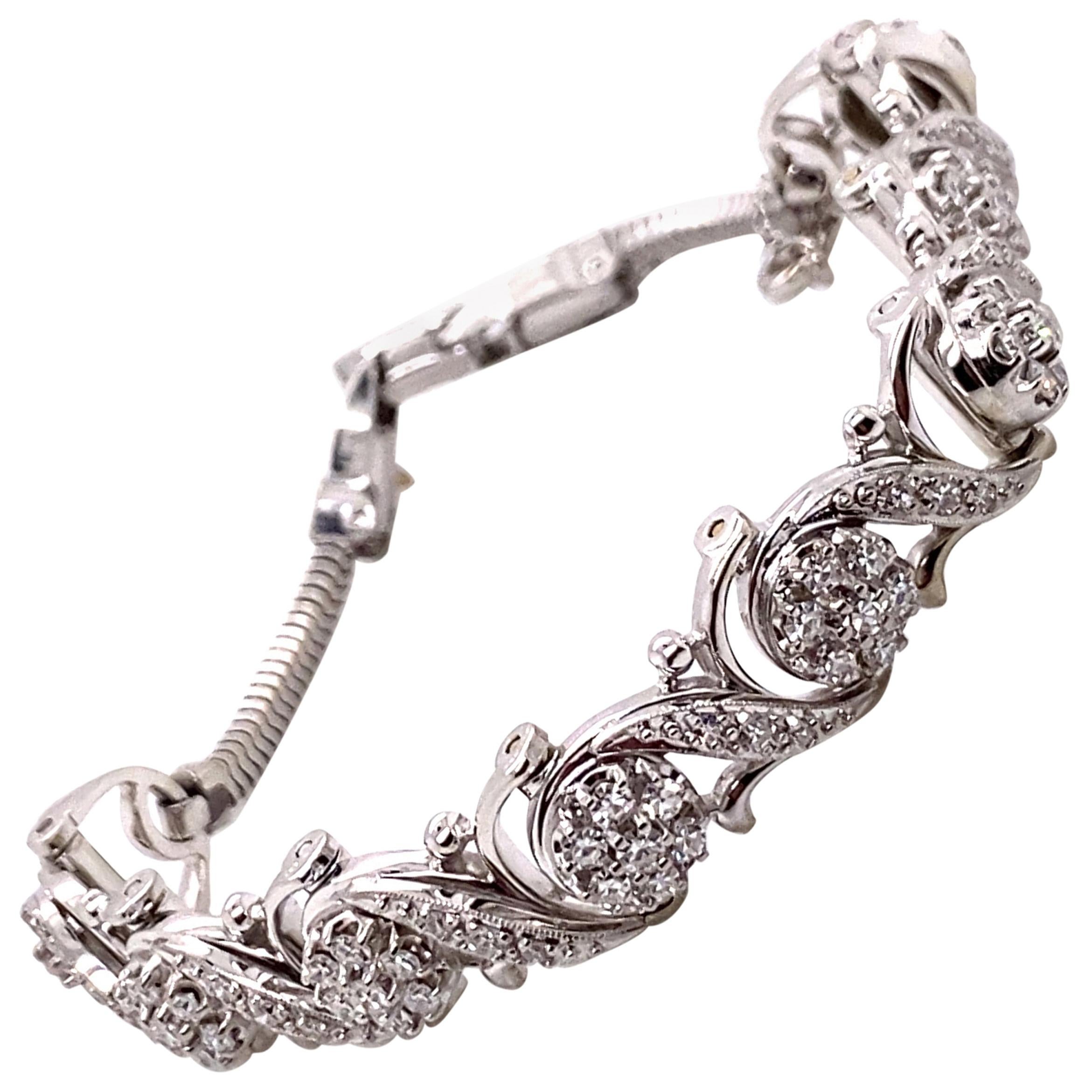 Vintage 1950's Jabel 18K White Gold Add-A-Section Diamond Bracelet 1.76ct For Sale