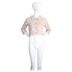 Veste vintage des années 1950 en brocart de soie blush bouton à strass GB 10-12