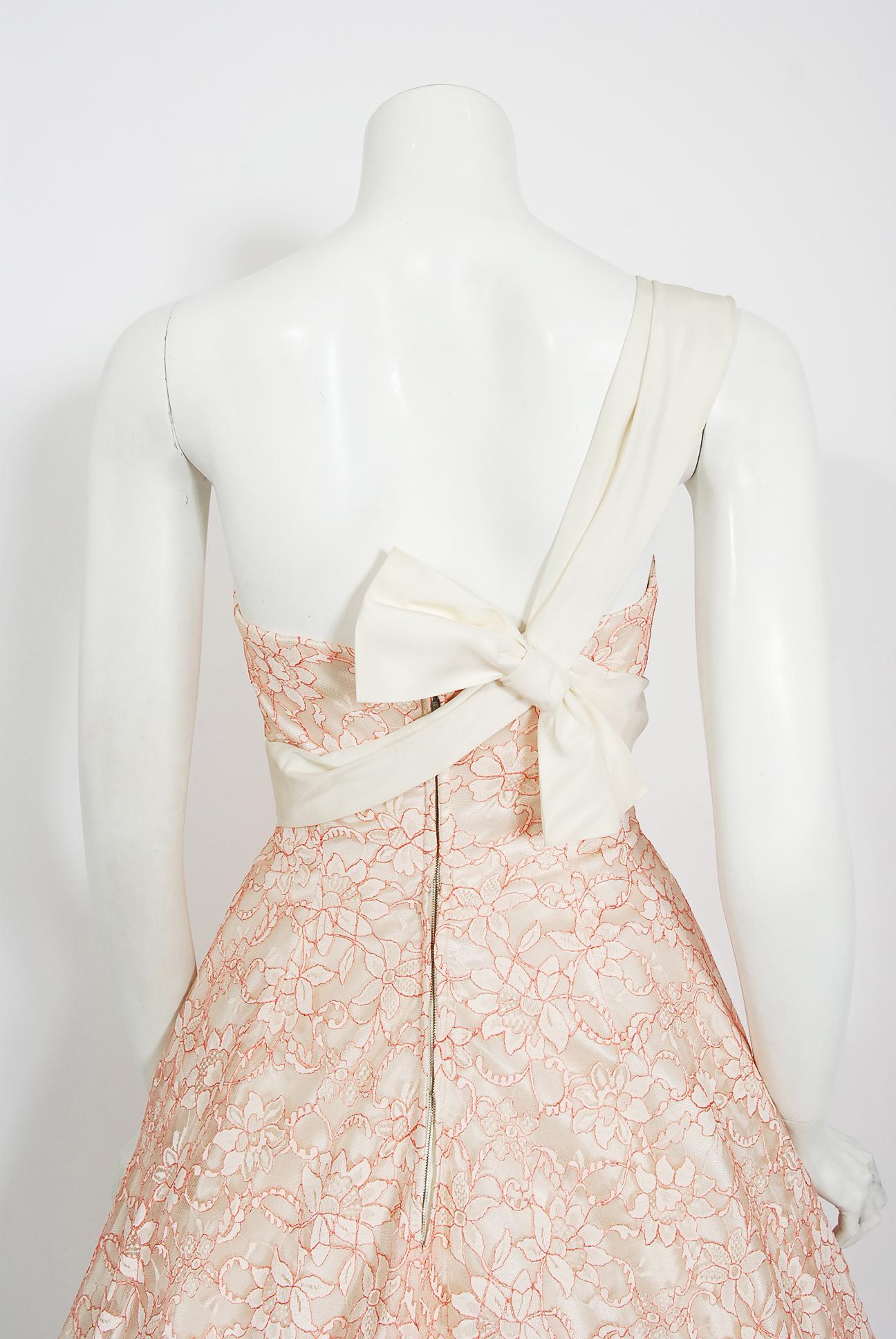 Vintage 1950's Jacques Heim Haute Couture Pink and White Lace One-Shoulder Dress 5