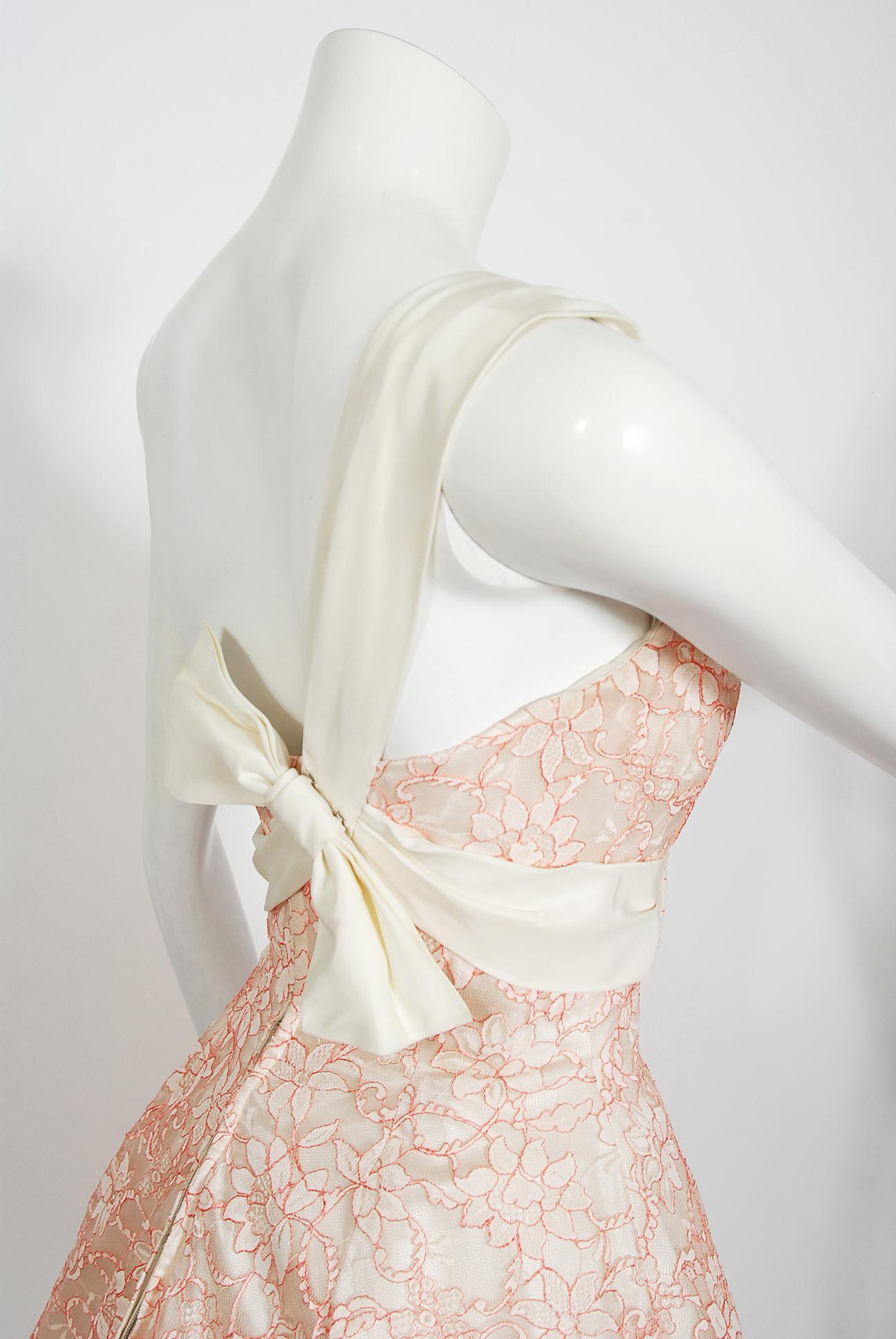 Vintage 1950's Jacques Heim Haute Couture Pink and White Lace One-Shoulder Dress 6
